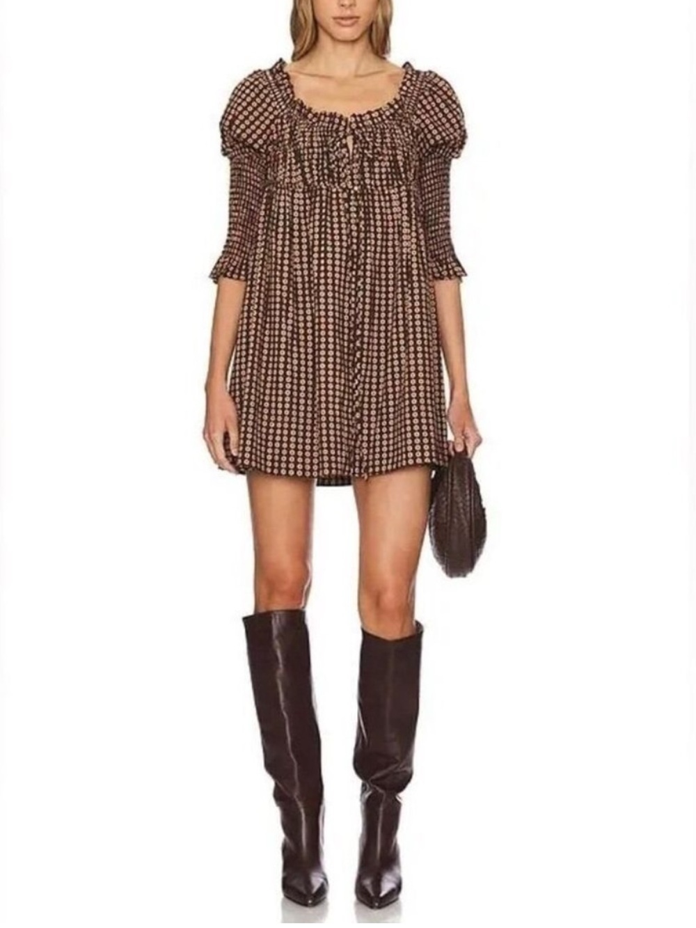 Free People Women’s Star Dip Mini Dress in Black Brown Combo Retro Babydoll Sz M - Picture 2 of 14